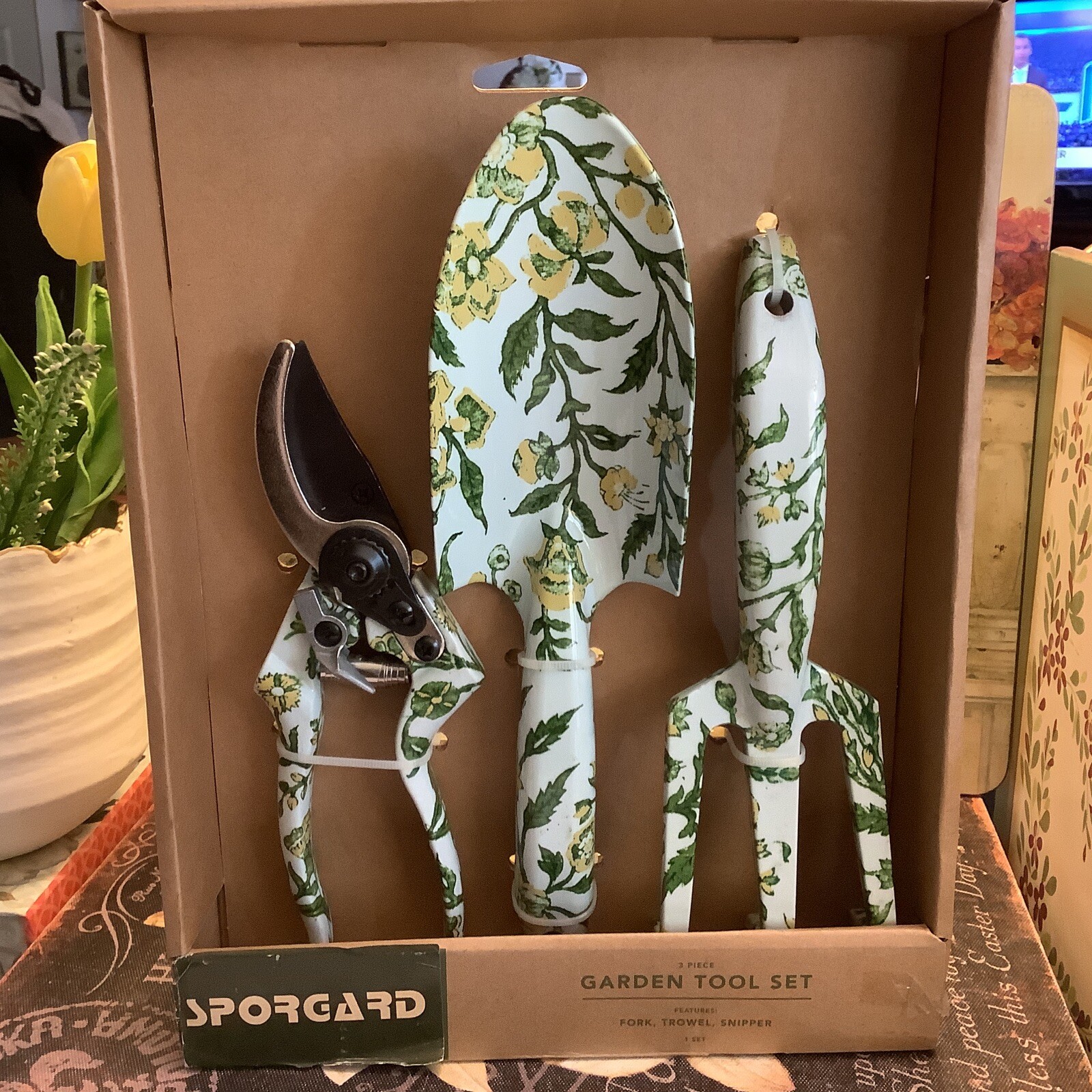 NEW/NWT~Sporgard~(3) Pc Garden Tool Set~Fork/Trowel/Snipper~Yellow/Green Floral~