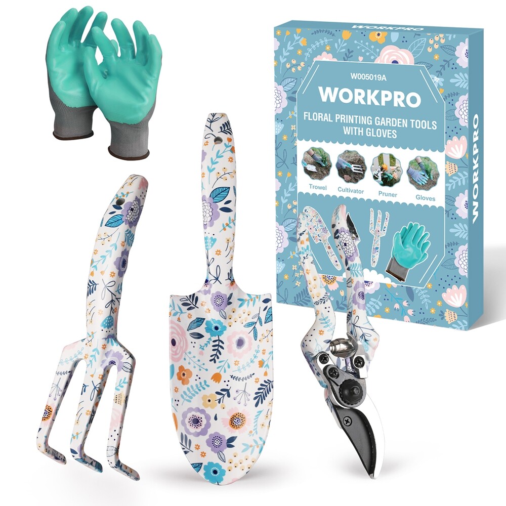 WORKPRO 4PC Aluminum Hand Garden Tool Set Trowel Rake Pruner Garden Gloves w/Box