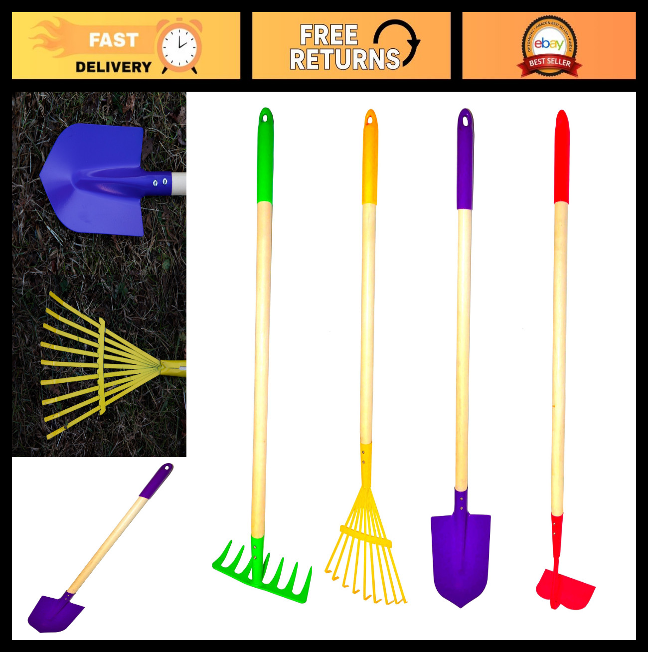 Kids Garden Tool Set – 4-Piece Toy Rake, Spade, Hoe & Leaf Rake, Sturdy Steel, R