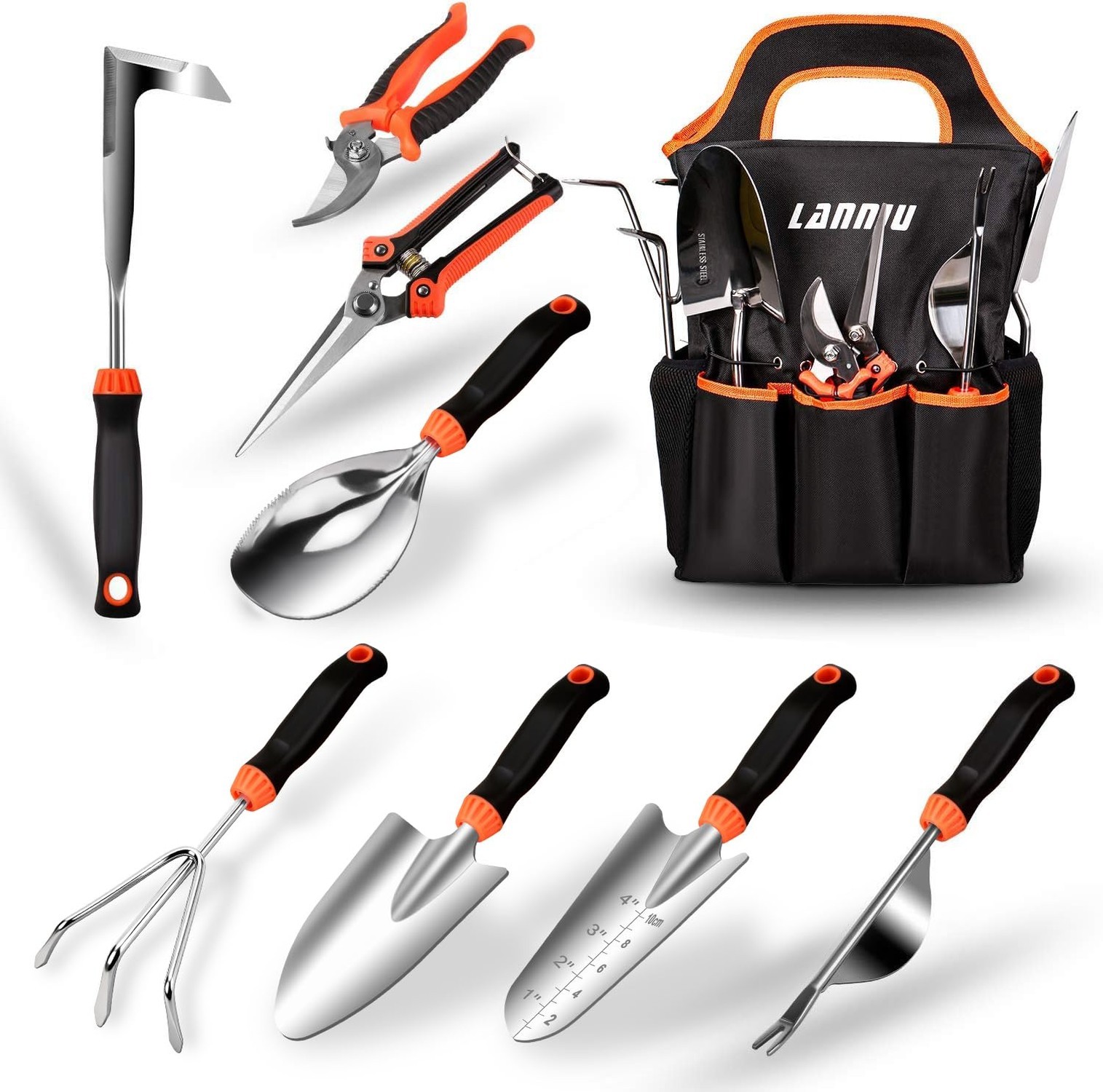 9 Piece Garden Tool Set | Heavy Duty Stainless Steel, Ergonomic Non-Slip Rubb…