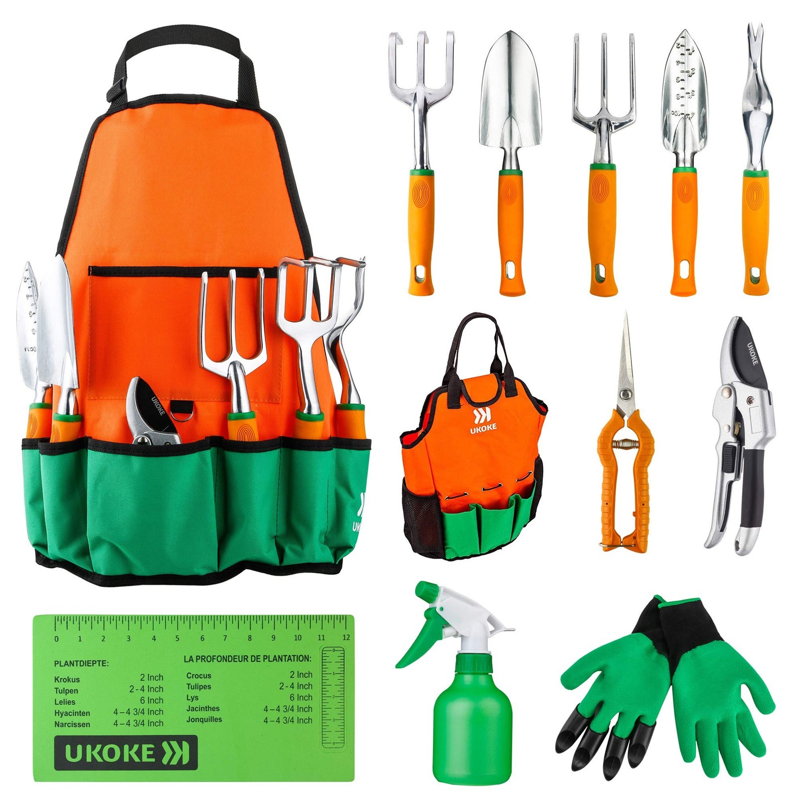 UKOKE Garden Tool Set, 12 Piece Aluminum Hand Tool Kit, Garden Canvas Apron w…