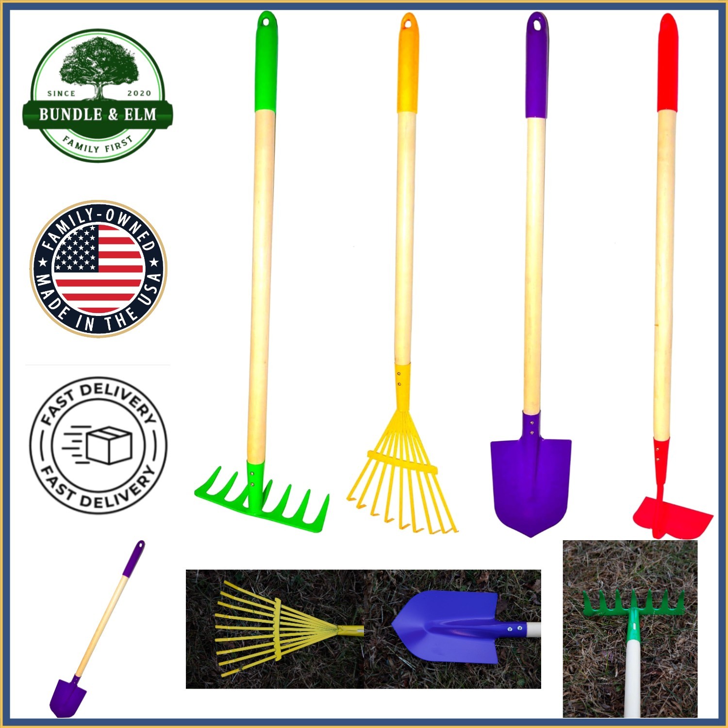 Multicolored Kids Garden Tools Set, Includes Rake, Hoe, Spade, and Leaf Rake
