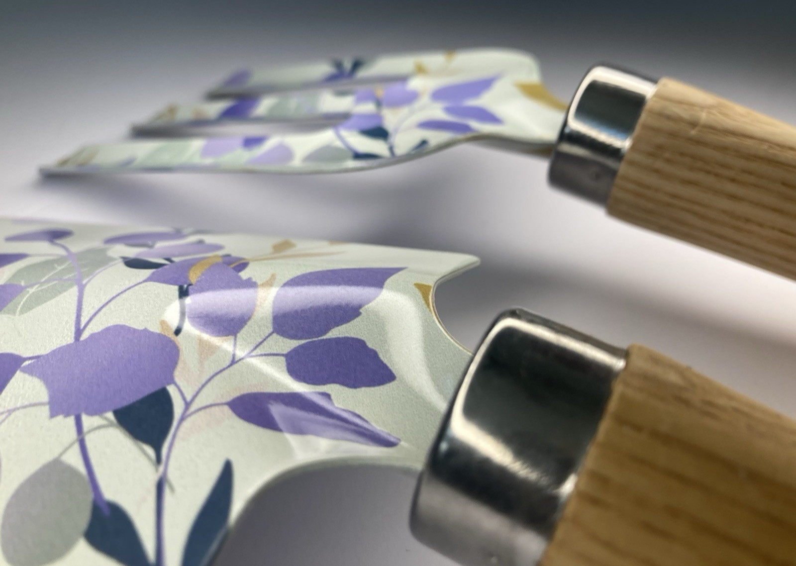 Scandi Garden Tool 2pc Set Wood Handle Painted Metal Leaves Botanical Print