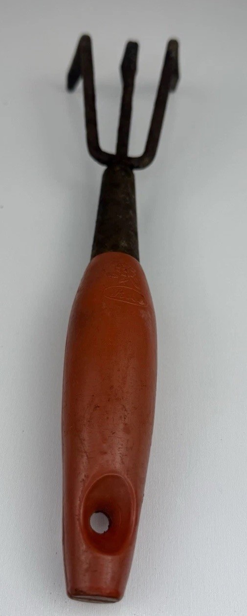 Vintage 3-Tine Garden Hand Cultivator Red Plastic Handle Rusty Steel