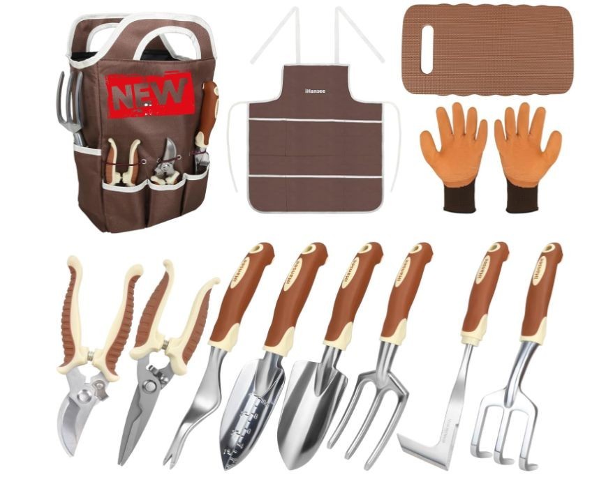 Set jardinería 12 piezas con bolsa, guantes, rodillera, mangos ergonómicos