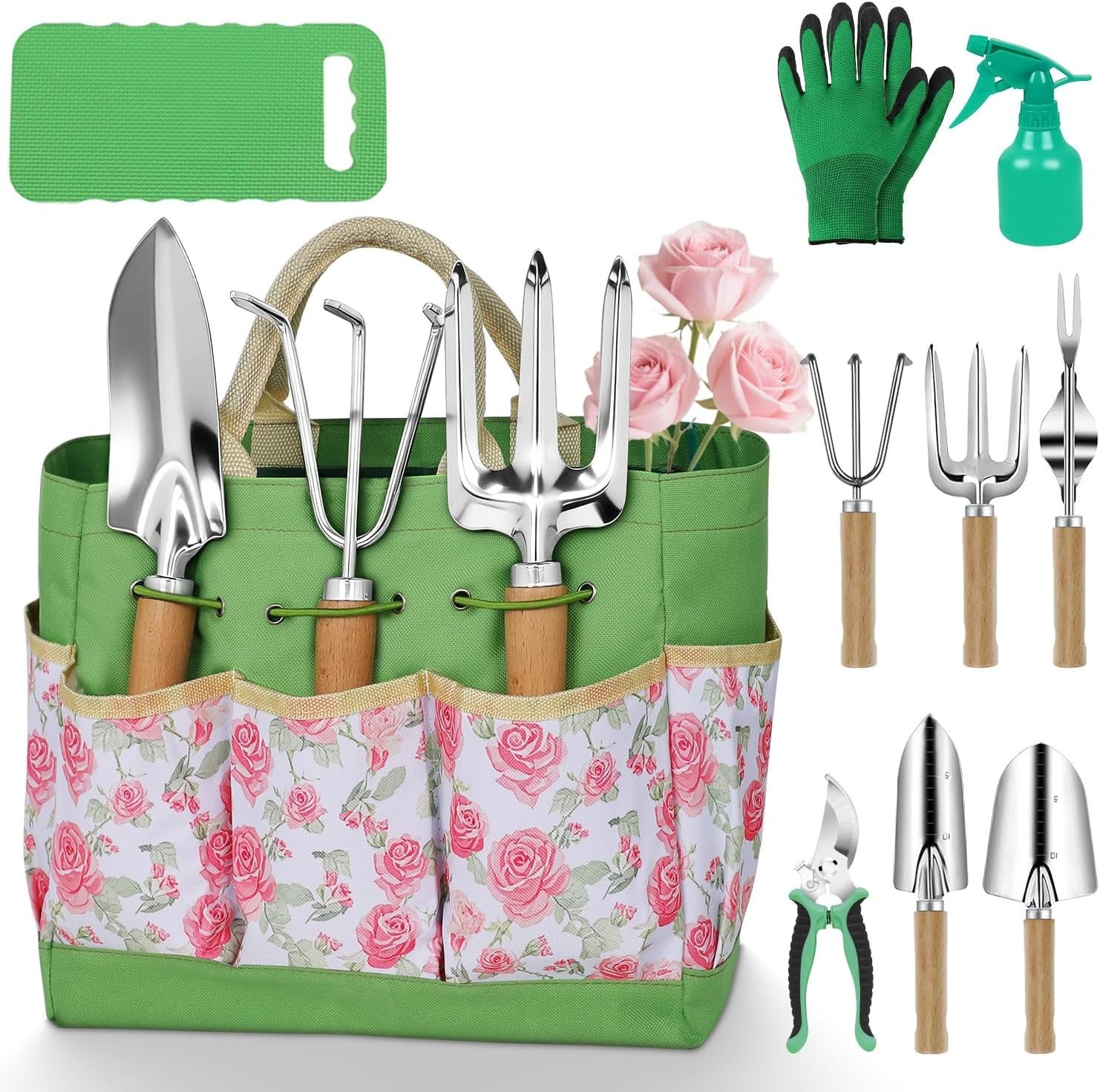 Pink Floral Garden Tool Set 10 Piece Stainless Steel Hand Tools with Tote