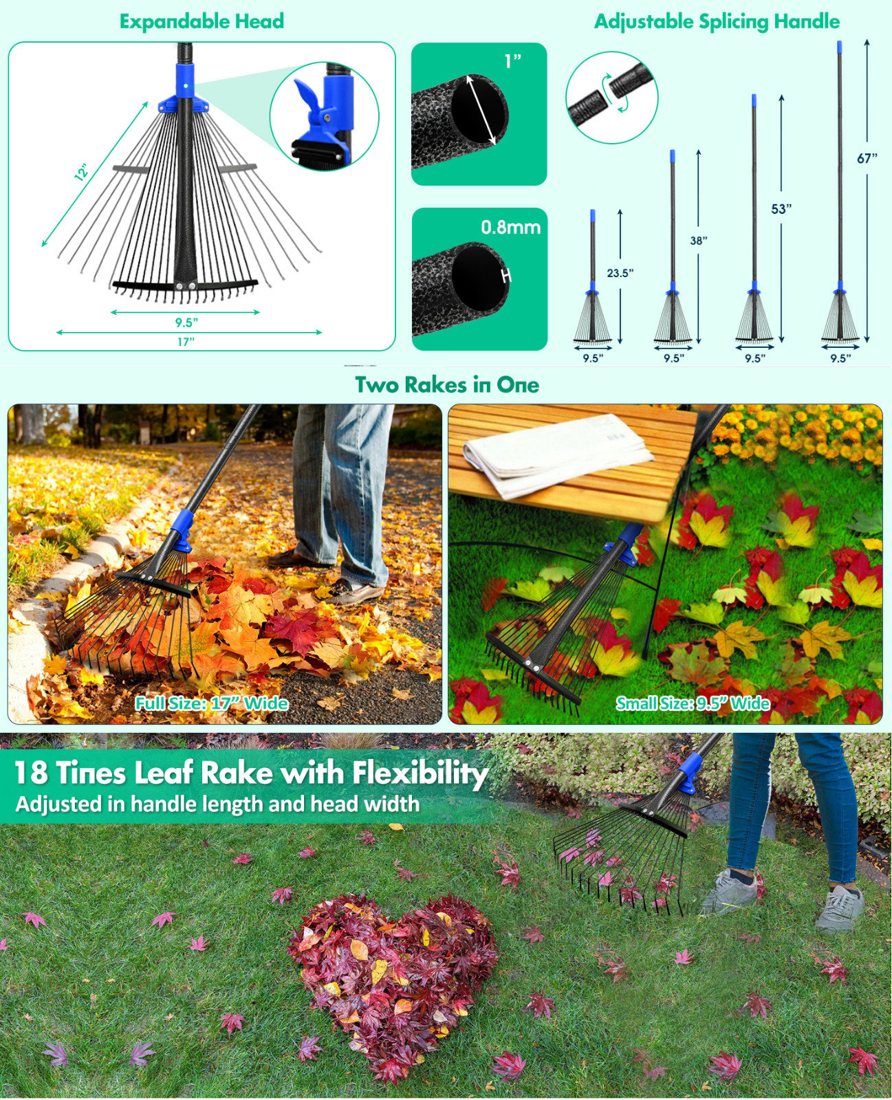 Rake for Yard Lawn Shrub tree Leaves 18 Metal Tine 9″~17″ W x 60~82″ Long handle