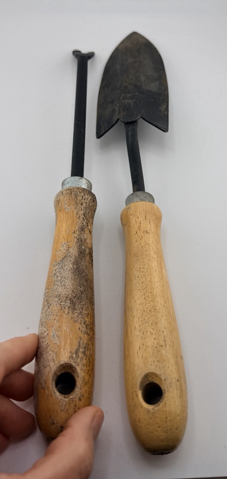 Vintage Garden Hand Tool Set Trowel & Cultivator Fork Wood Handles Metal Heavy