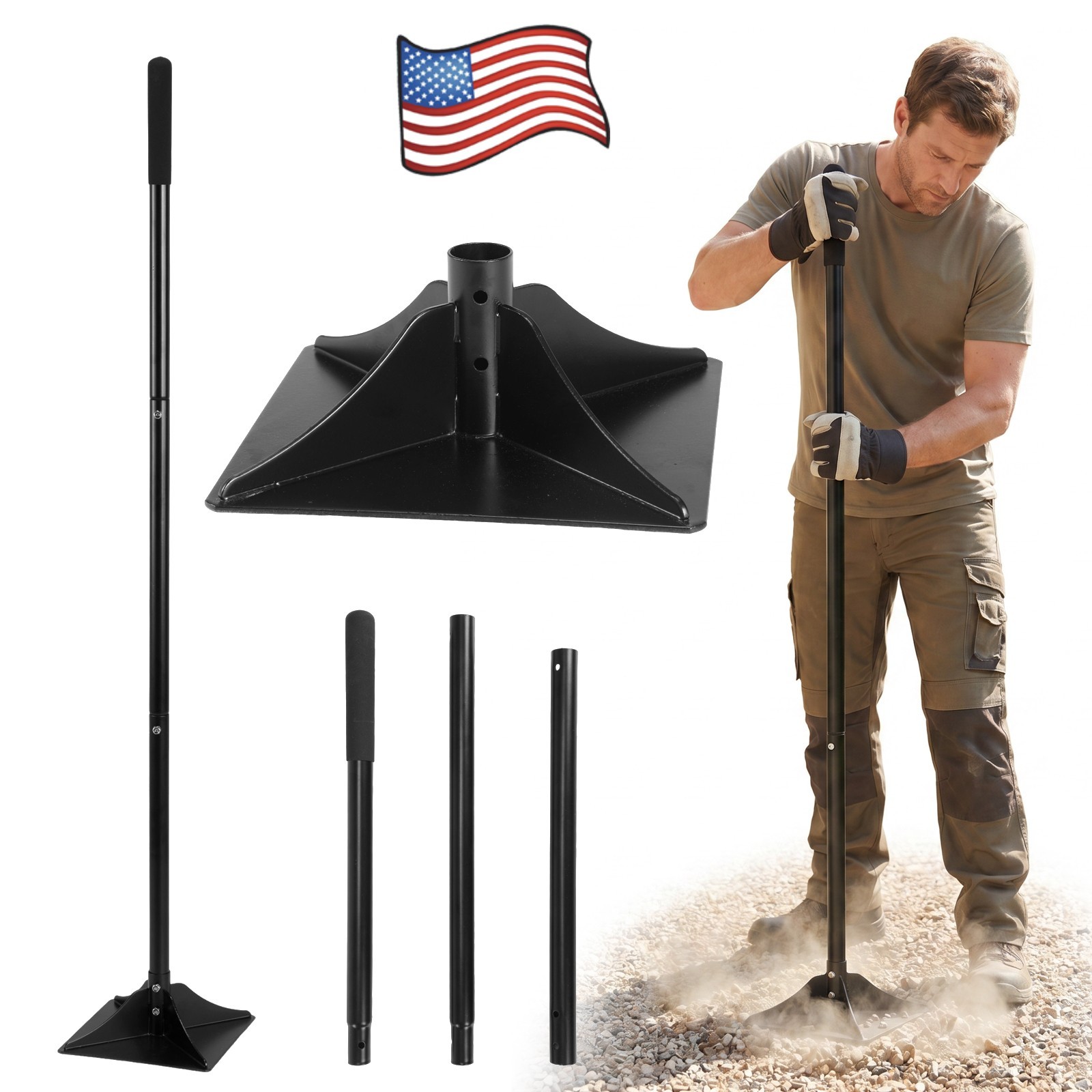 Heavy Duty 8″ x 8″ Steel Tamper Tool with 48″ Handle & Rubber Grip for Ground US