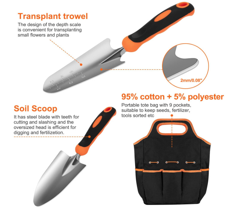 Stainless Steel Heavy Duty Gardening Tool Set, with Non-Slip Rubber Grip