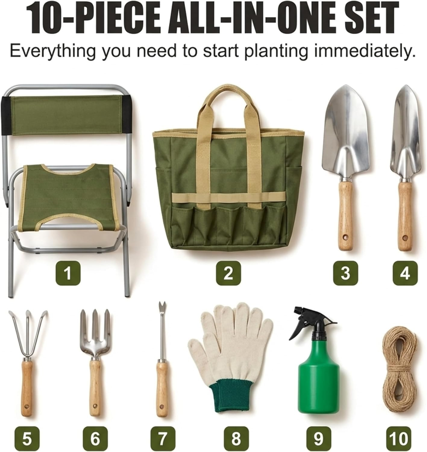 10-Piece Gardening Tool Set with Zippered Detachable Tote and Folding Stool Seat