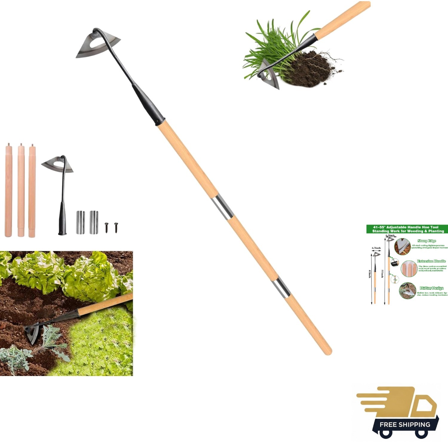 Gardening Tools Hollow Hoe, All-Steel Hardened Hollow Hoe with 55 Inch Long H…