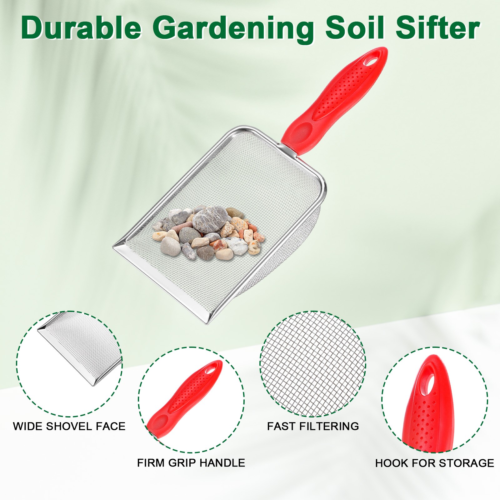 1.5 mm Mesh Stainless Steel Gardening Soil Sifter for Rock [White, Red]