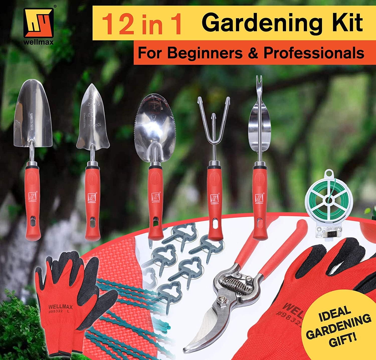Garden Tools Set of 12 with Gardening Gloves, Pruning Shear and 7 Piece Stainles