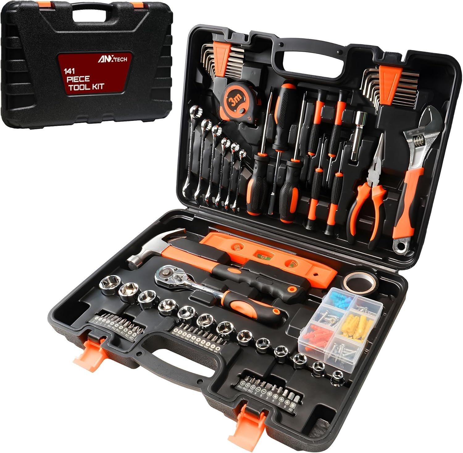 Home Repair Tool Kit 141 Piece Basic Set for Home Car Dorm Use with Storage Box