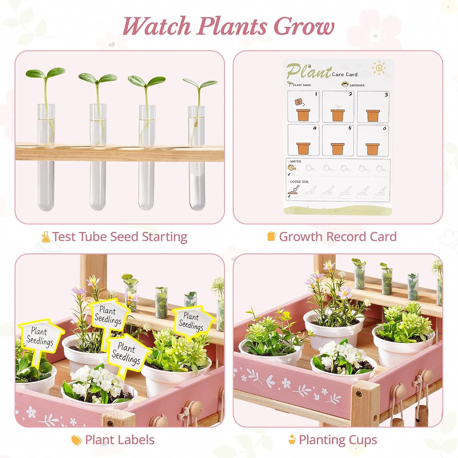 ROBUD Pink Kids Gardening Cart Set Wooden Wheelbarrow Watering Can