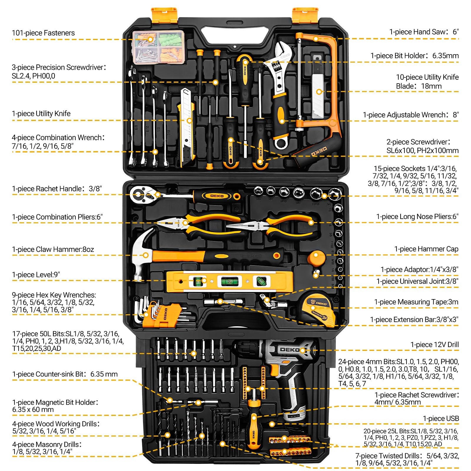 Tool Kit Drill Setdekopro Home Mechanic Toolbox 12V Power Cordless Drill Hand