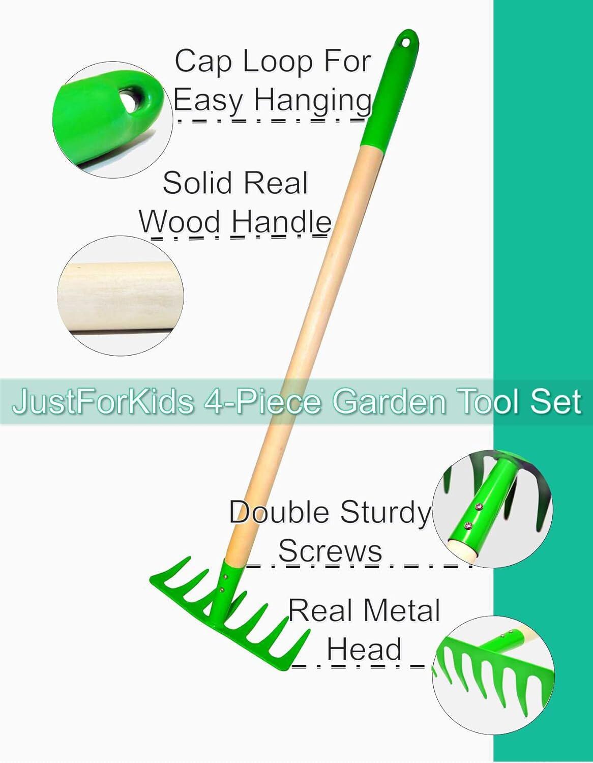 JustForKids Kids Garden Tool Set Toy, Rake, Spade, Hoe and Leaf Rake, reduced