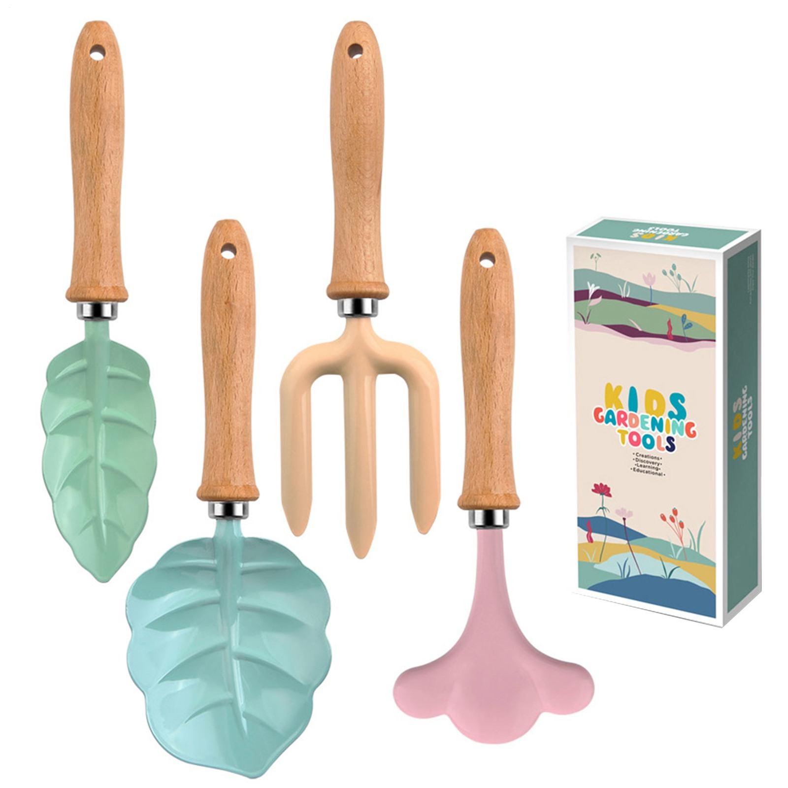 Kids Gardening Tools 4 Piece Leaf Shape with Wooden Handle Shovel Rake