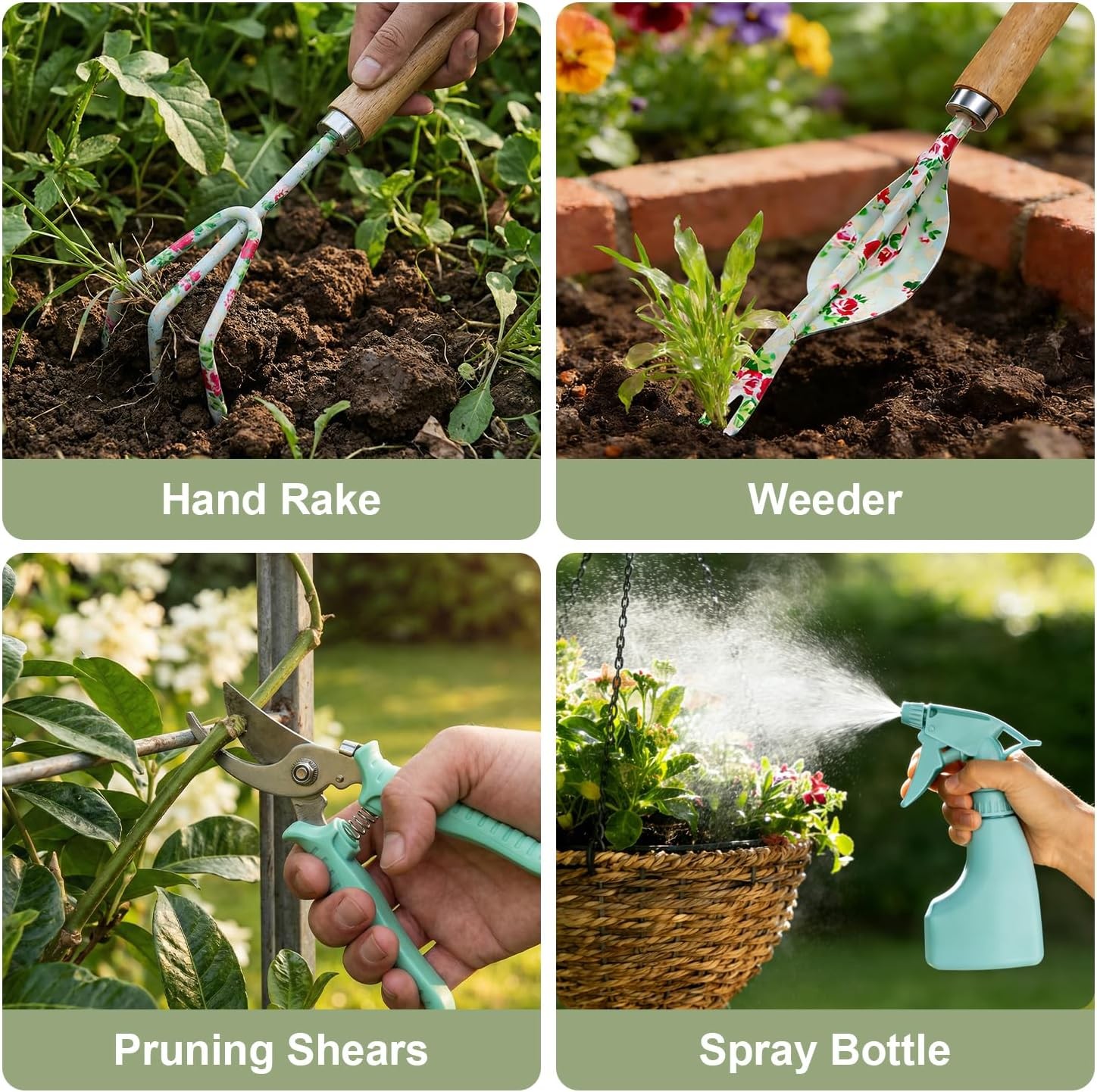 10Pcs Light Green Garden Tool Kit Trowel Shovel Rake Gift For Women Mom