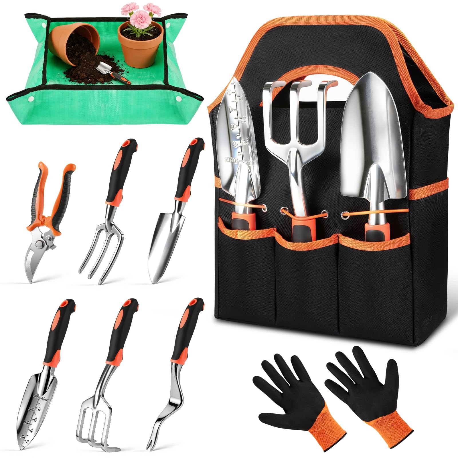9 Piece Garden Tools Set Heavy Duty Stainless Steel Kit with Non Slip Ergonomic