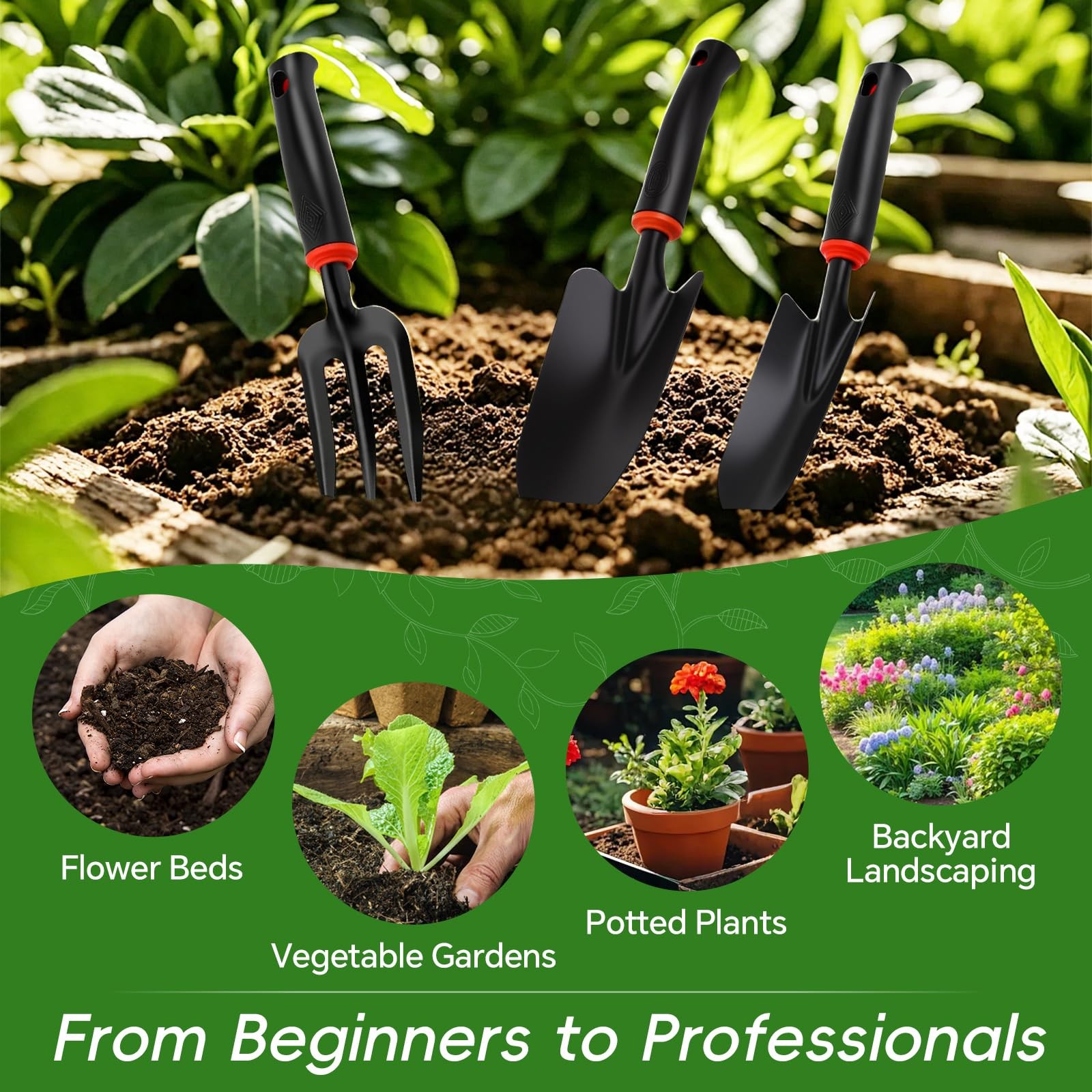 4-Piece Heavy-Duty Garden Tool Set, Wide & Narrow Trowel, Root , 3-Tine Culti…