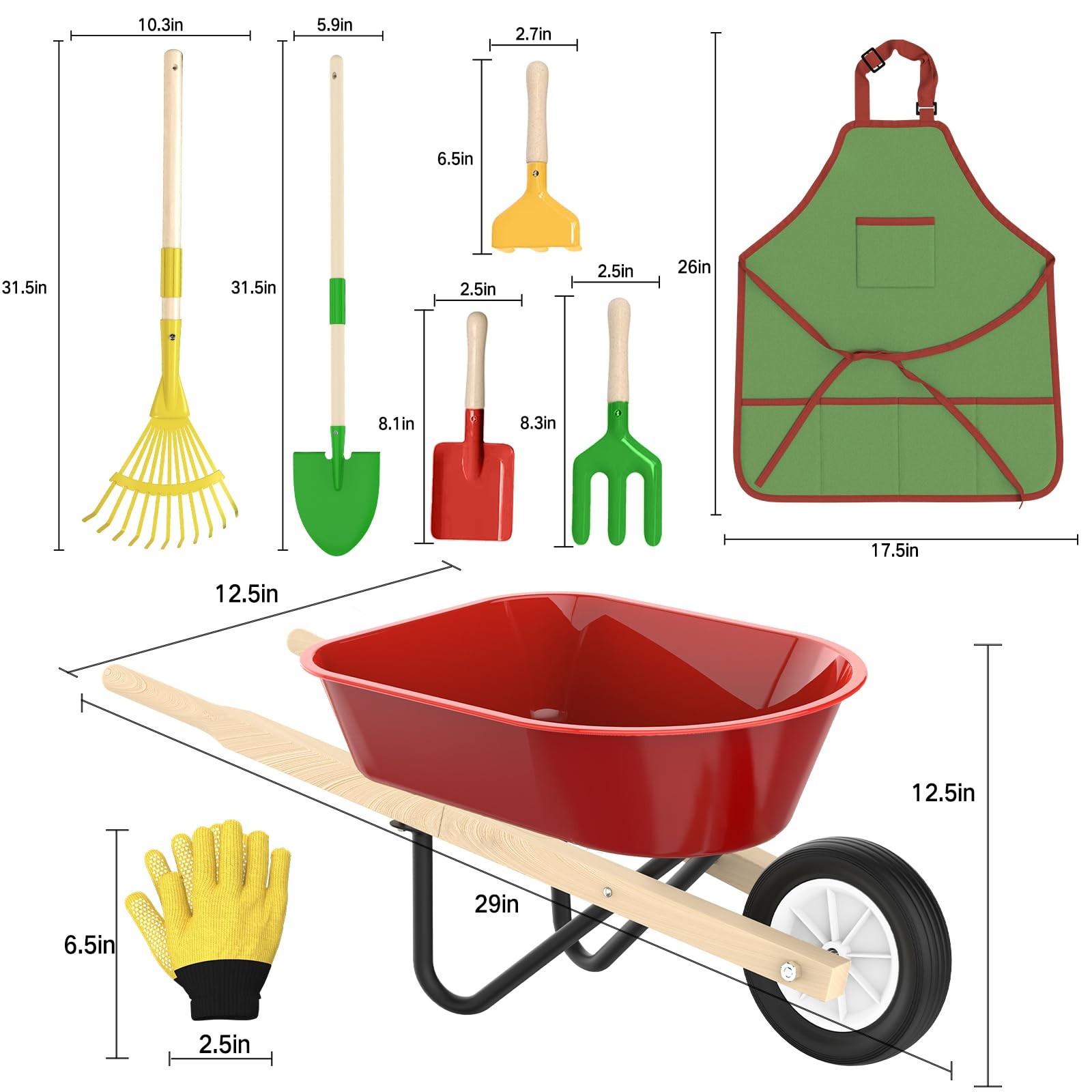 Kids Gardening Wheelbarrow Set Metal Wooden Garden Tools Ages 3-8 STEM