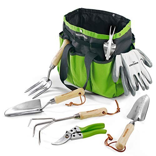 WORKPRO Garden Tools Set 8 Piece Stainless Steel Heavy Duty Wood Handle 12in Bag