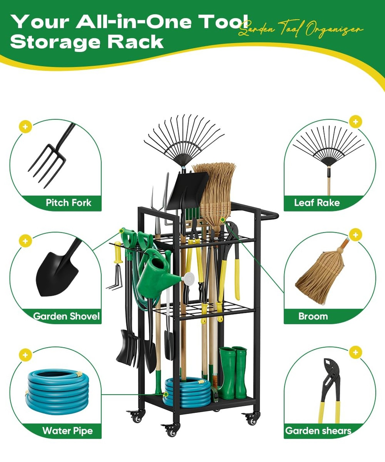 Garden Tool Organizer with Wheels, Heavy Duty 3 Tier Metal Yard Tool Storage …