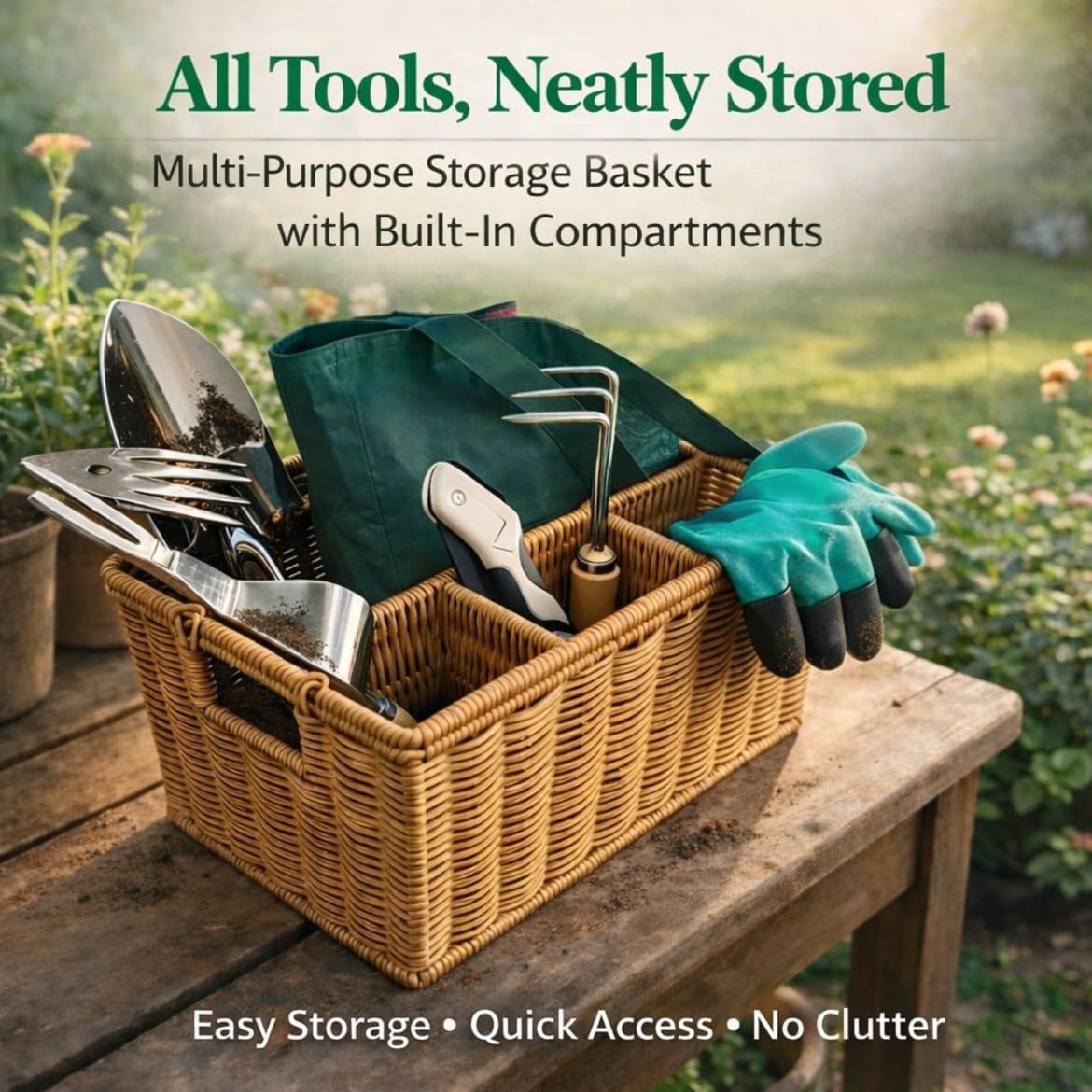 Wood Steel Garden Tool Set with Basket Apron Gloves Waste Bag