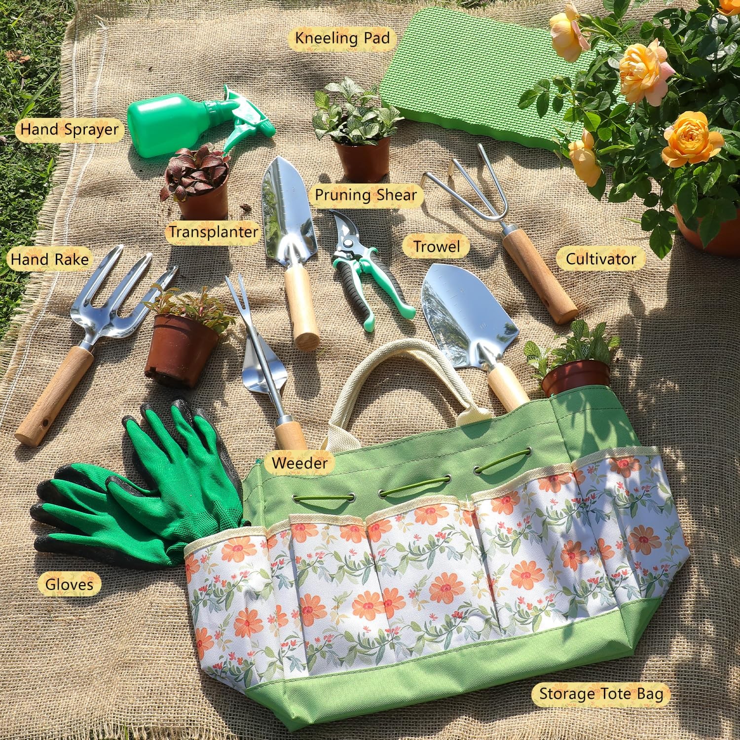 10 PCS Heavy Duty Gardening Tools Set Wooden Handle Yellow Floral Storage Bag