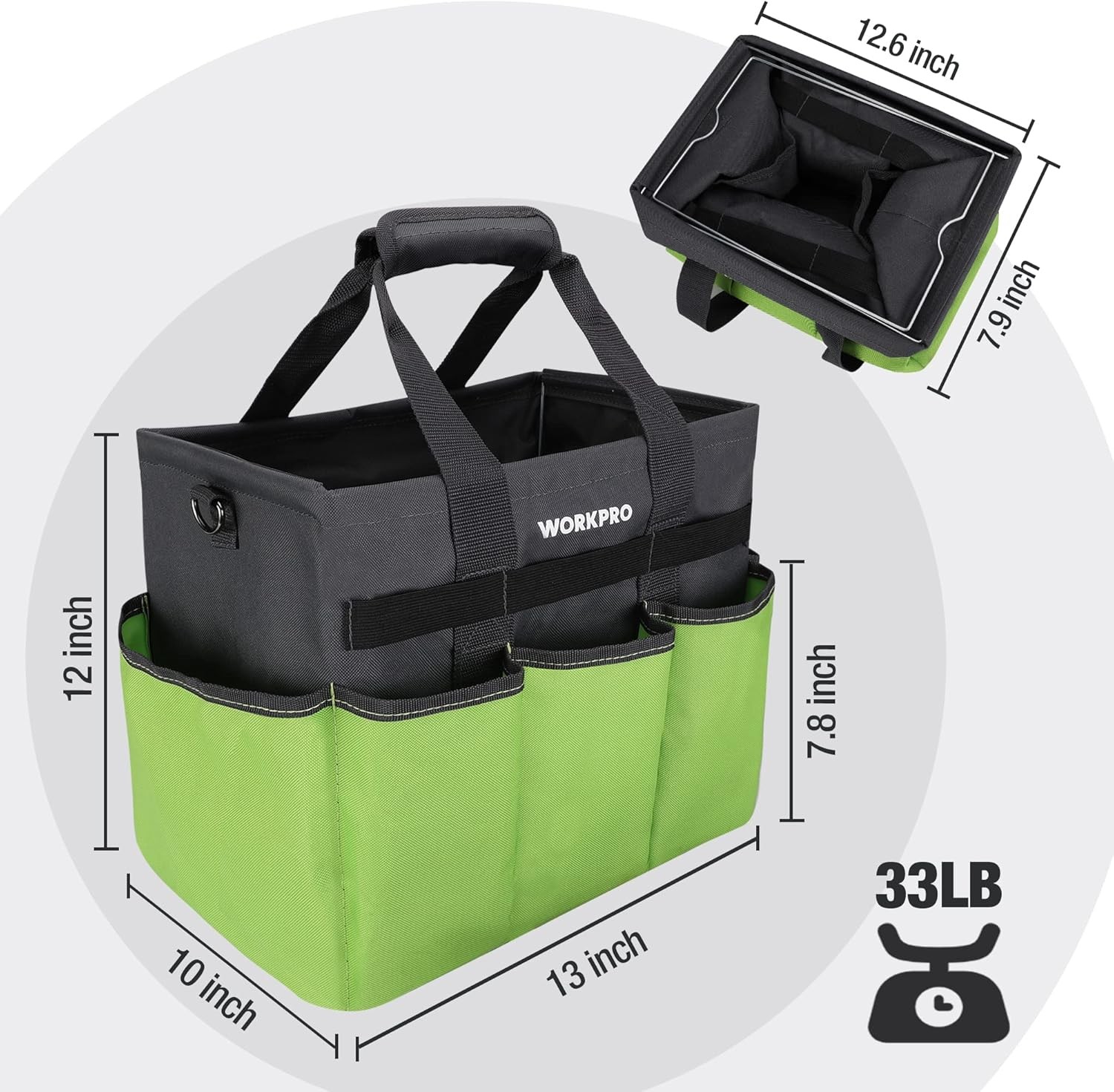 Green Garden Tool Tote Bag 10 Pockets Adjustable Shoulder Strap Organizer