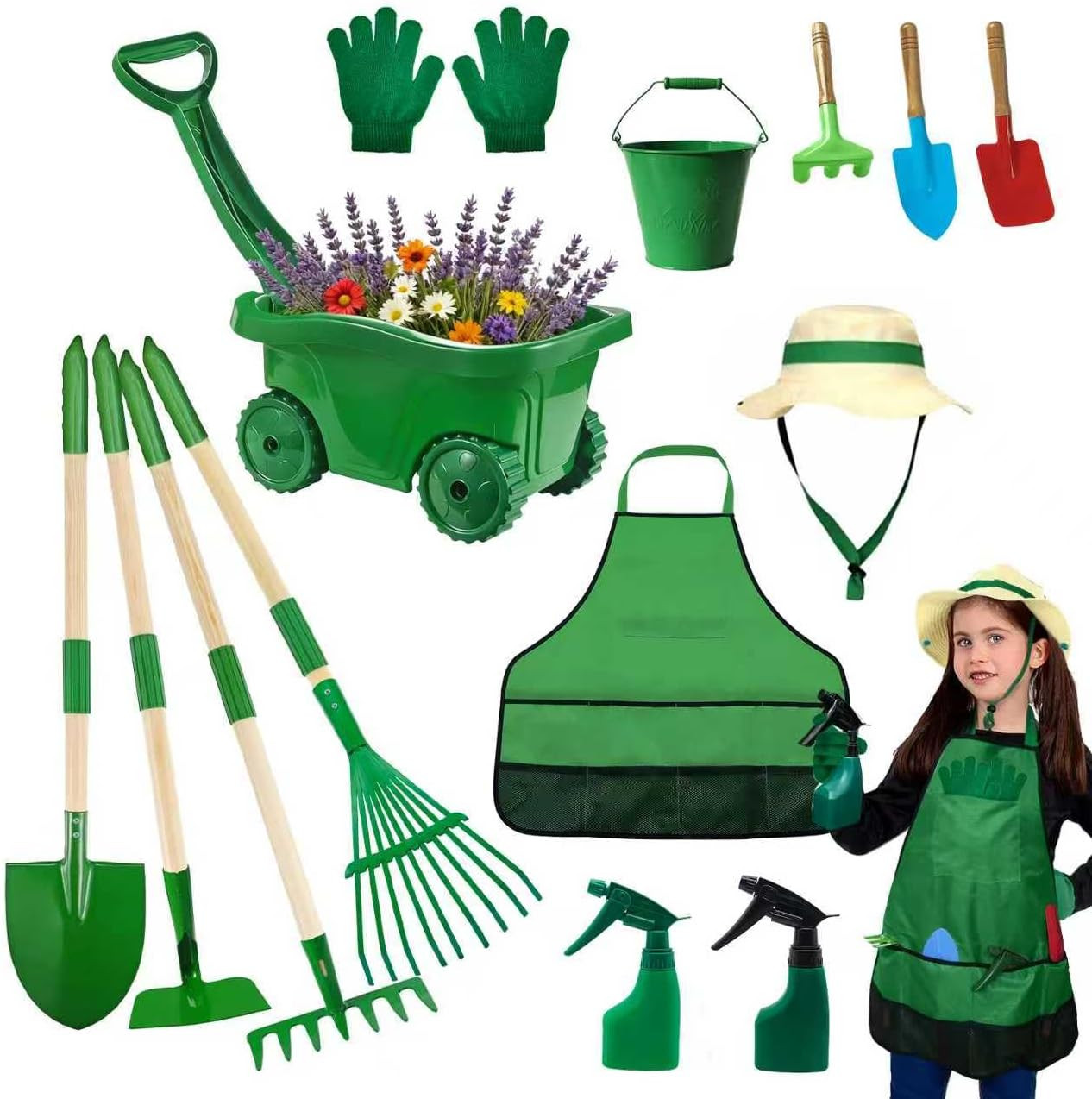 Kids Gardening Tools Set,15Pcs Wheelbarrow Set for Kids with Shovel, Rake, Water