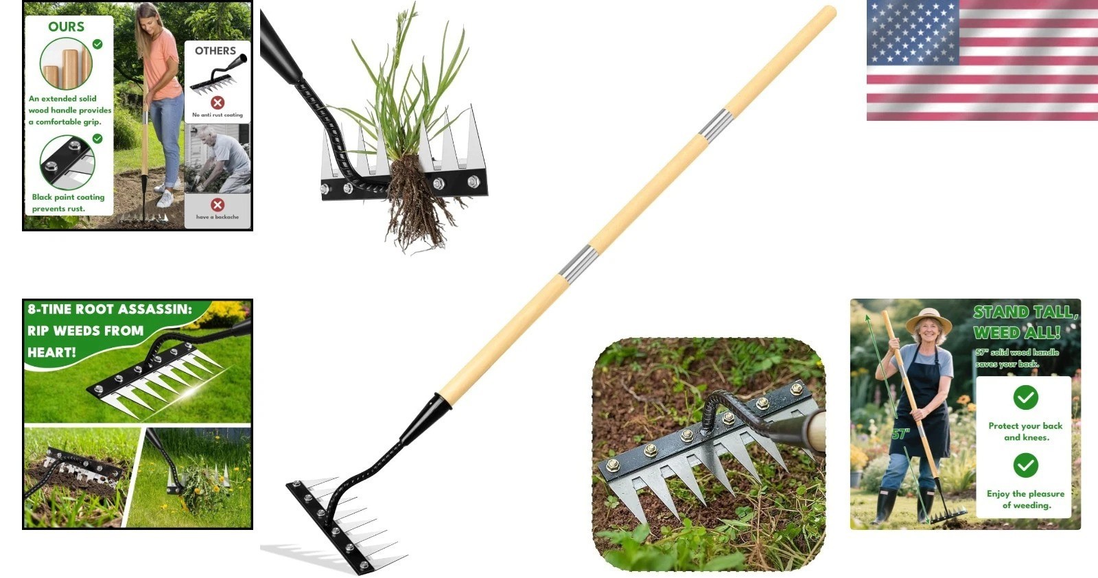 Compact Iron Weeding Rake 2.0 – Ultimate 8 Tooth Tool for Flower Beds & Lawns