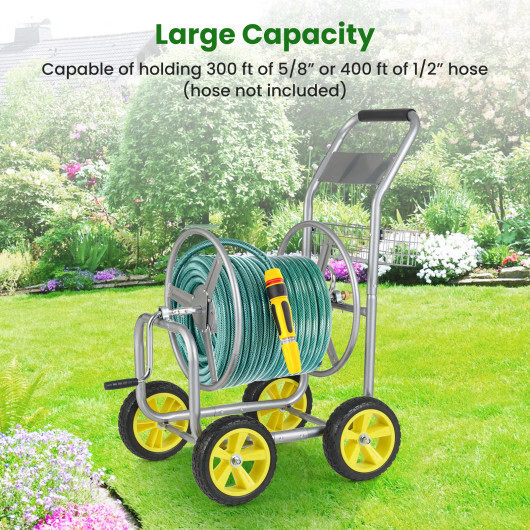 Garden Hose Reel Cart Metal Hose Cart with 4 Wheels and Storage Basket-Silver –