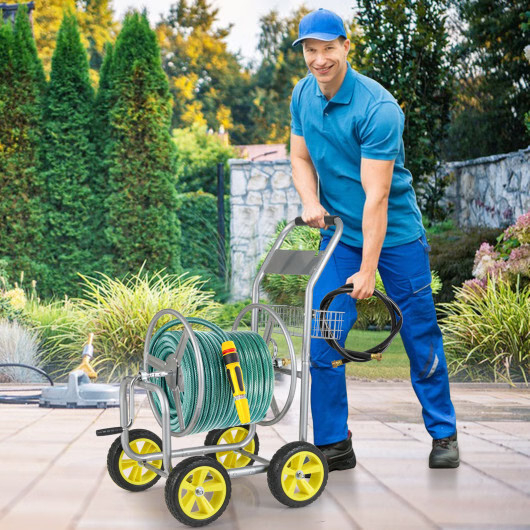 Garden Hose Reel Cart Metal Hose Cart with 4 Wheels and Storage Basket-Silver –