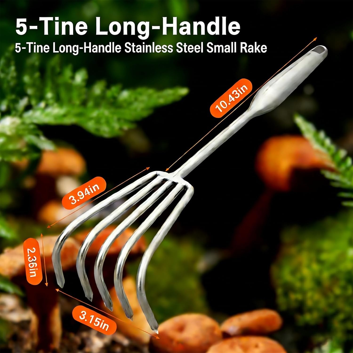 5-Tine Long-Handle Stainless Steel Small Rake – Multi-Purpose Tool Garden