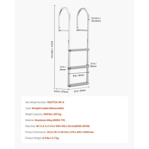Removable Dock Ladder, 3 Steps, Aluminum Alloy Pontoon Boat Swim Ladder, with N