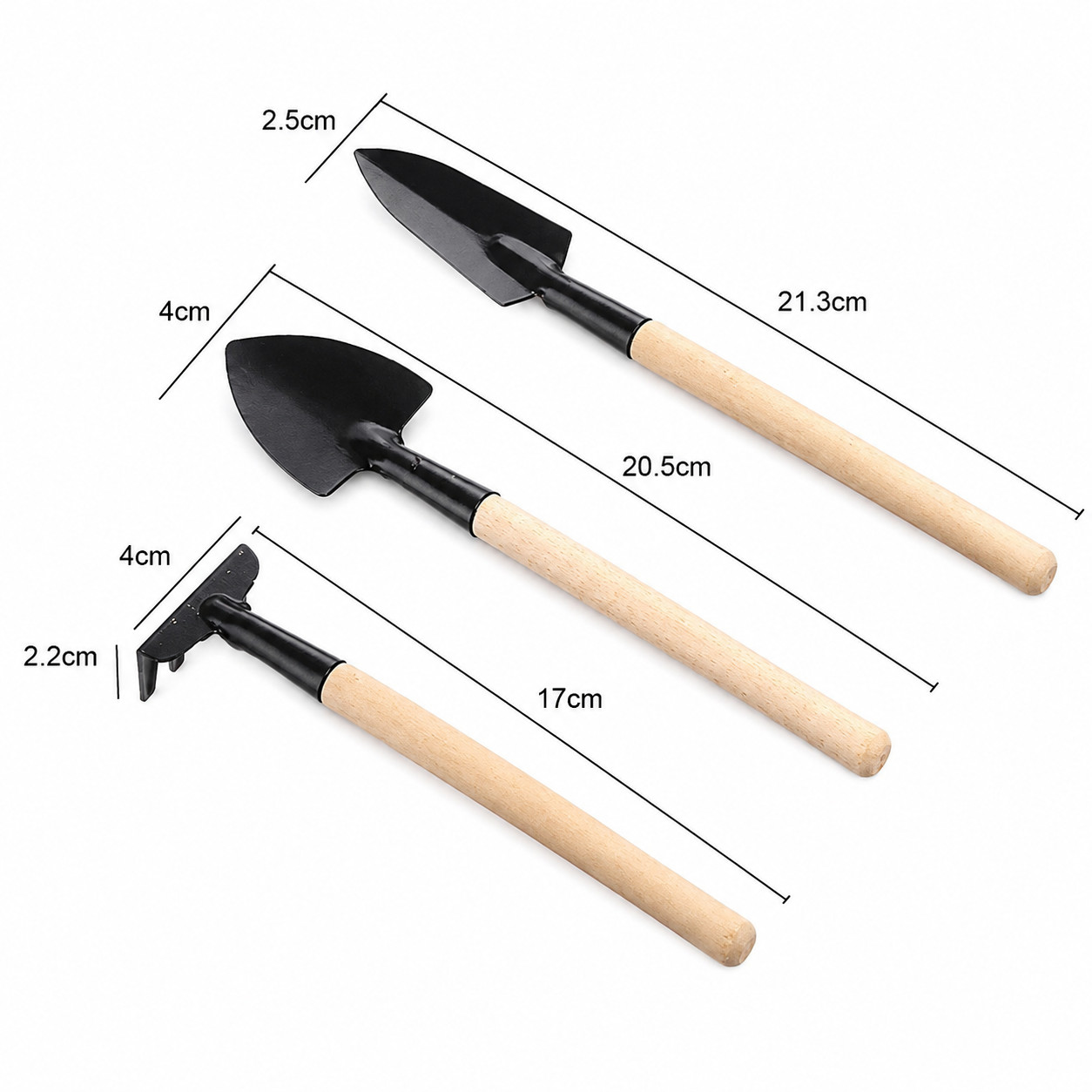 3PCS Mini Garden Tool Set Hand Trowel Spade Rake Wooden Handle Kit