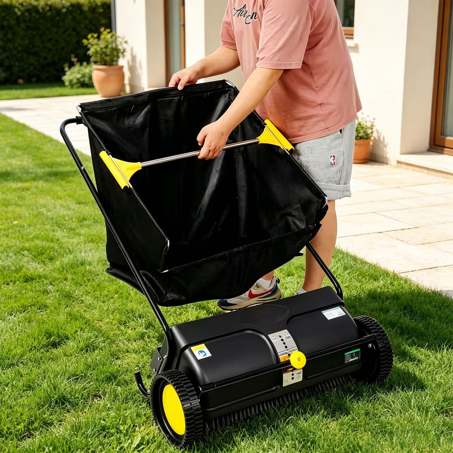 26″ Push Lawn Sweeper 7 cu.ft Leaf Grass Collector Adjustable Brush Yard Tool