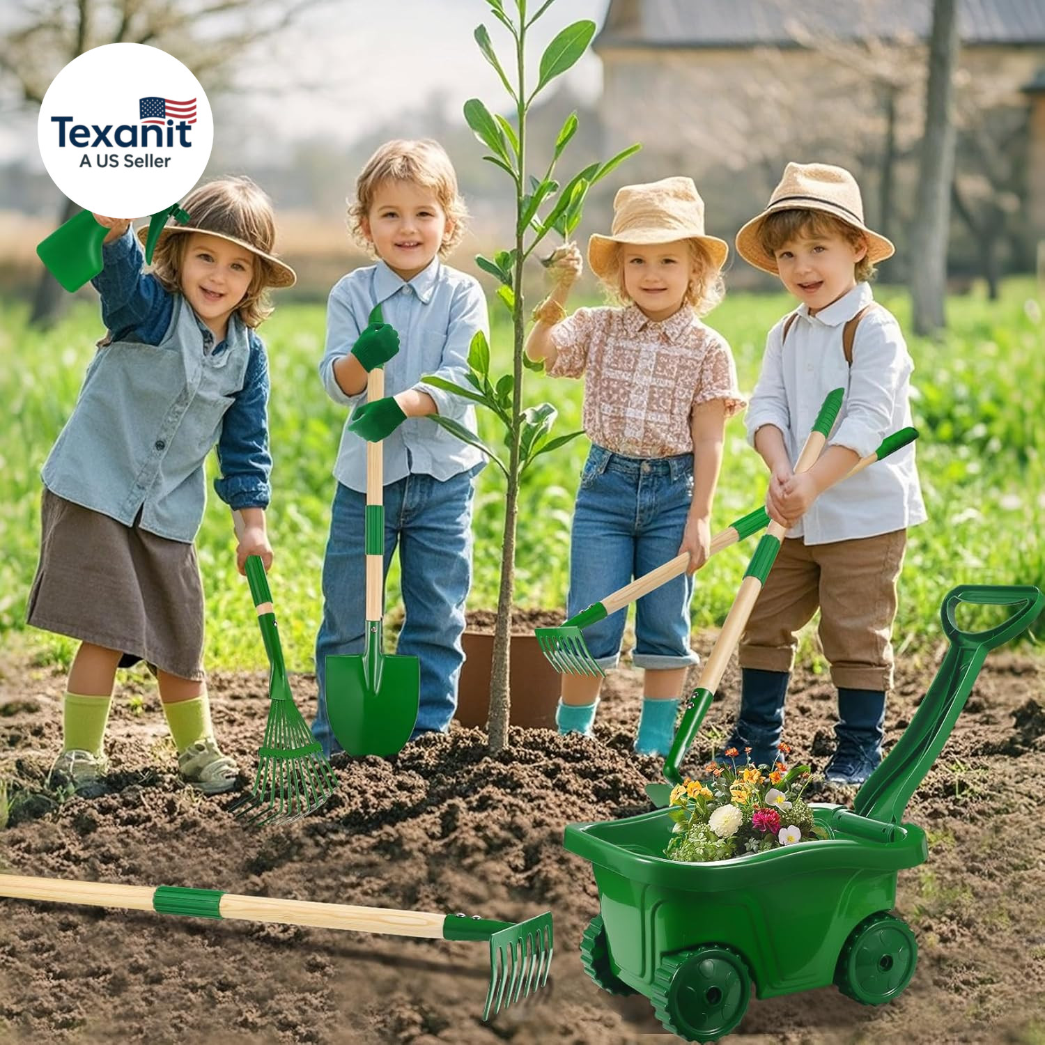 Kids Gardening Tools Set – 10Pcs Wheelbarrow Set for Kids with Shovel, Rake, Lea