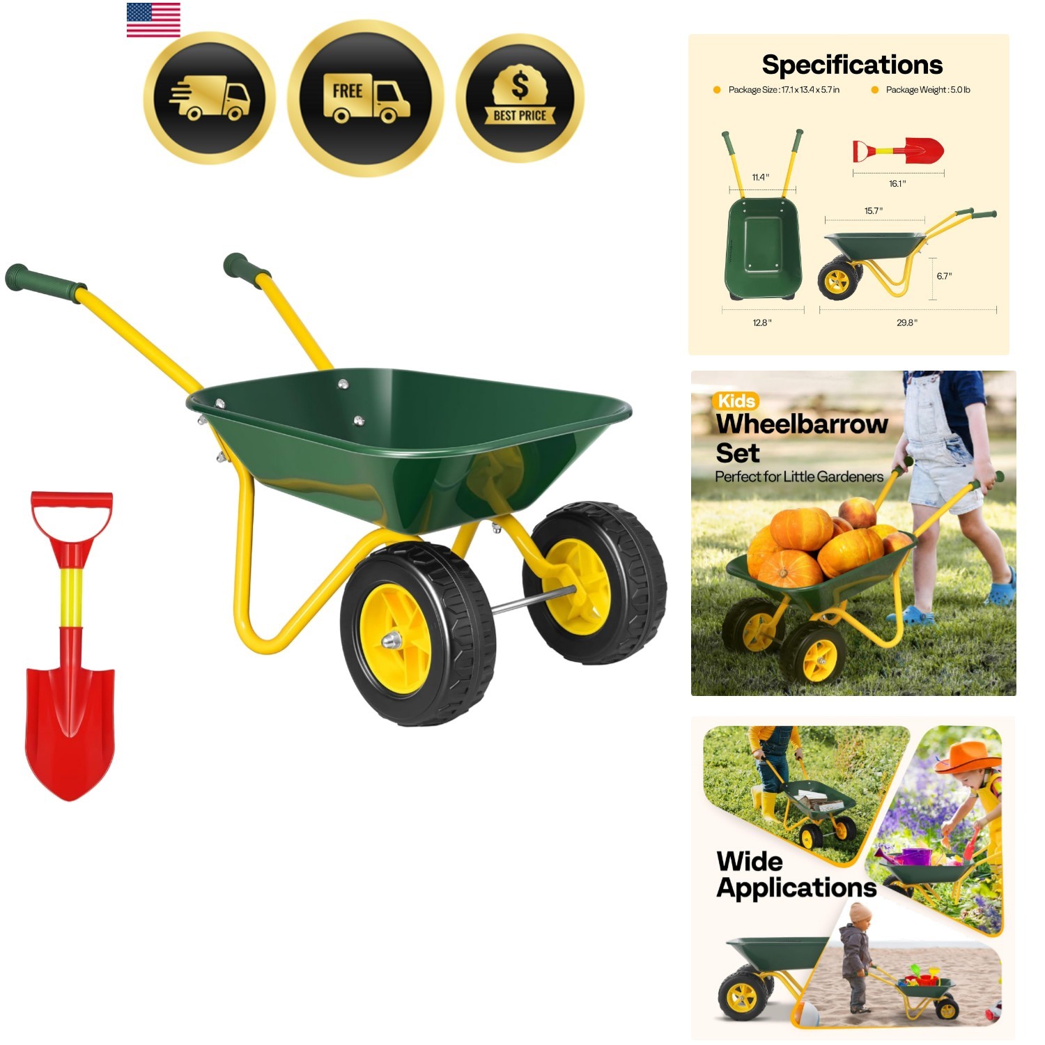 Kids Wheelbarrow Children Garden cart with Toddler Gardening Tool Set Child W…