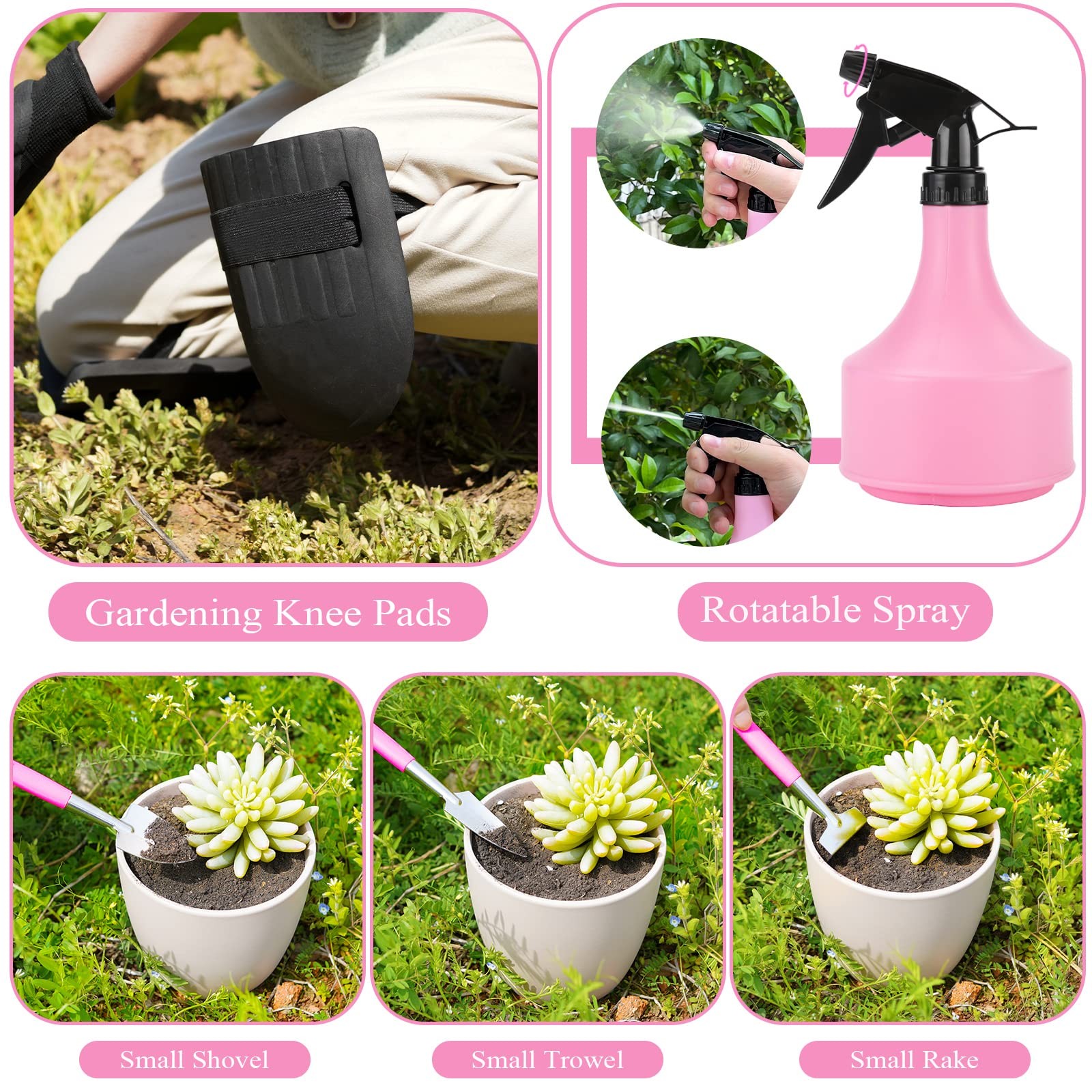 Pink Garden Tool Set for Women, 24~Piece Heavy Duty Gardening Tools with Bag