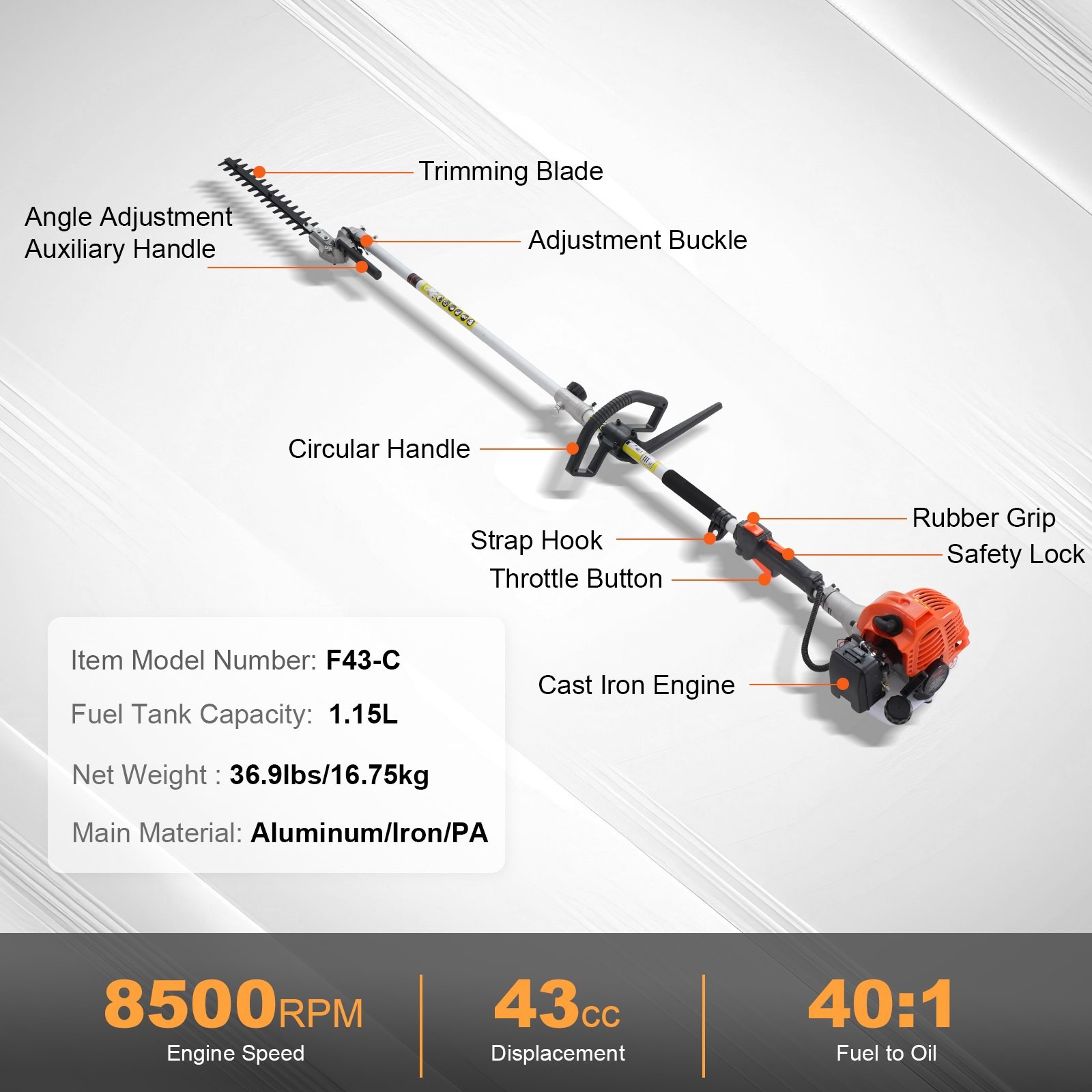43CC 6-in-1 Multi-Functional Trimming Tools,Gas Hedge Trimmer,Weed Eater,String