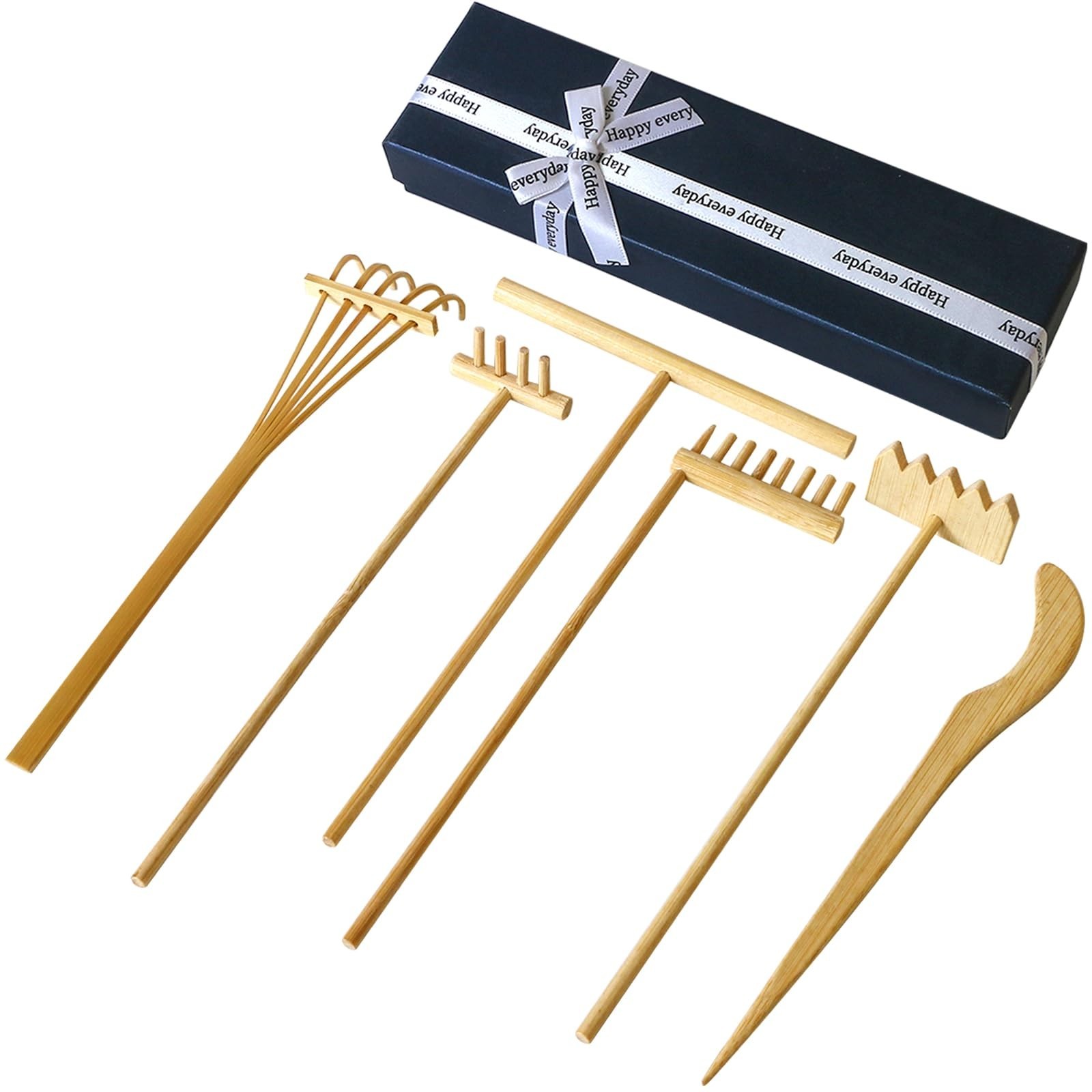 6PCS Mini Zen Garden Rake Set – Natural Bamboo Sand Tools with Gift Box – Medita