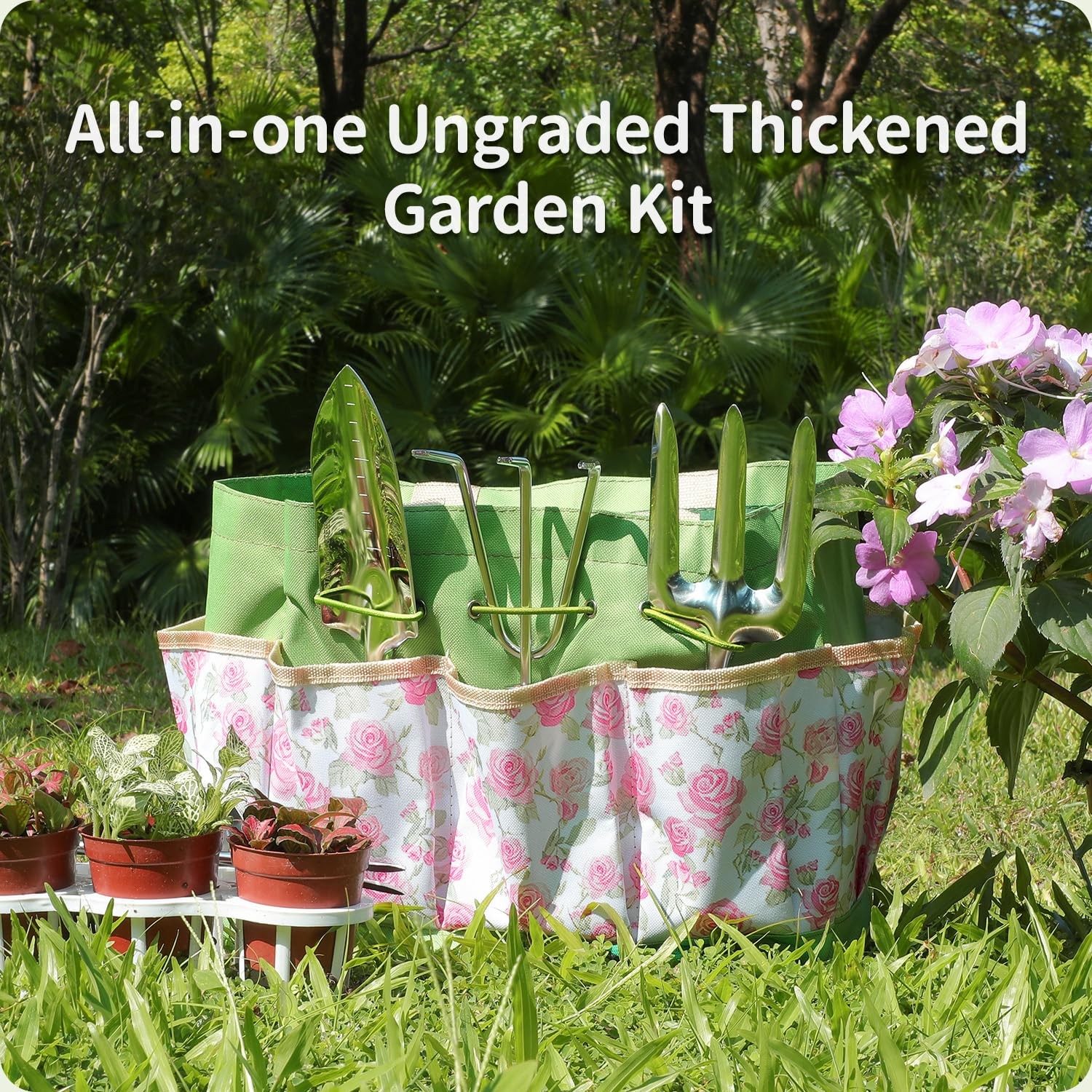 10 PCS Heavy Duty Stainless Steel Garden Tool Set Pink Floral Tote Bag Women