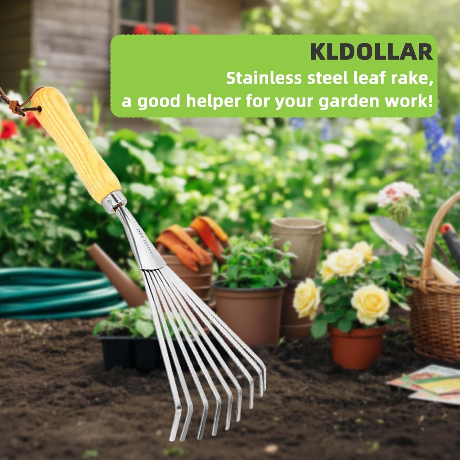 Stainless Steel Garden Hand Rake with Ergonomic Wooden Handle