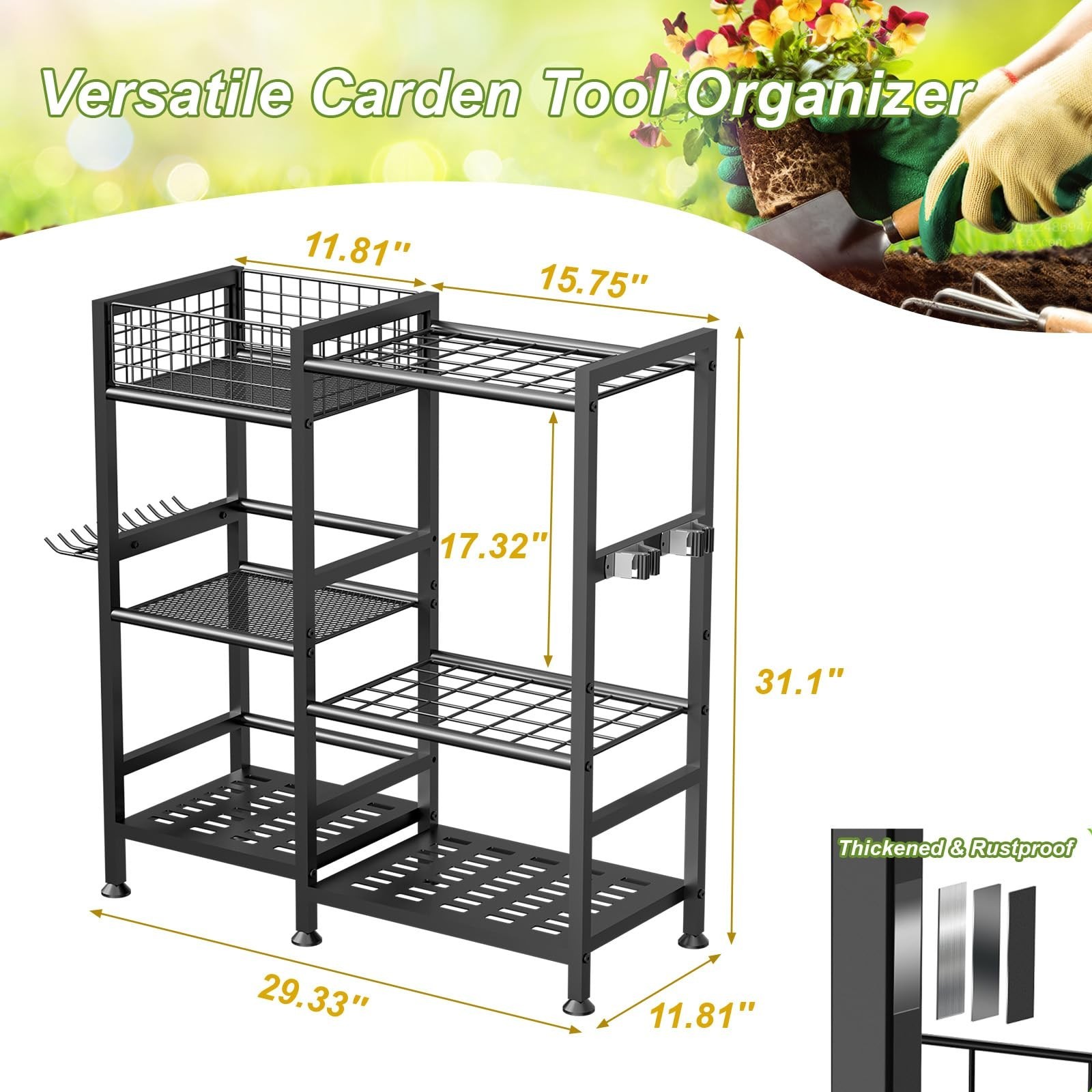 Keomaisyto Garden Tool Organizer With Basket – 3 Tier Yard Storage Rack for G…