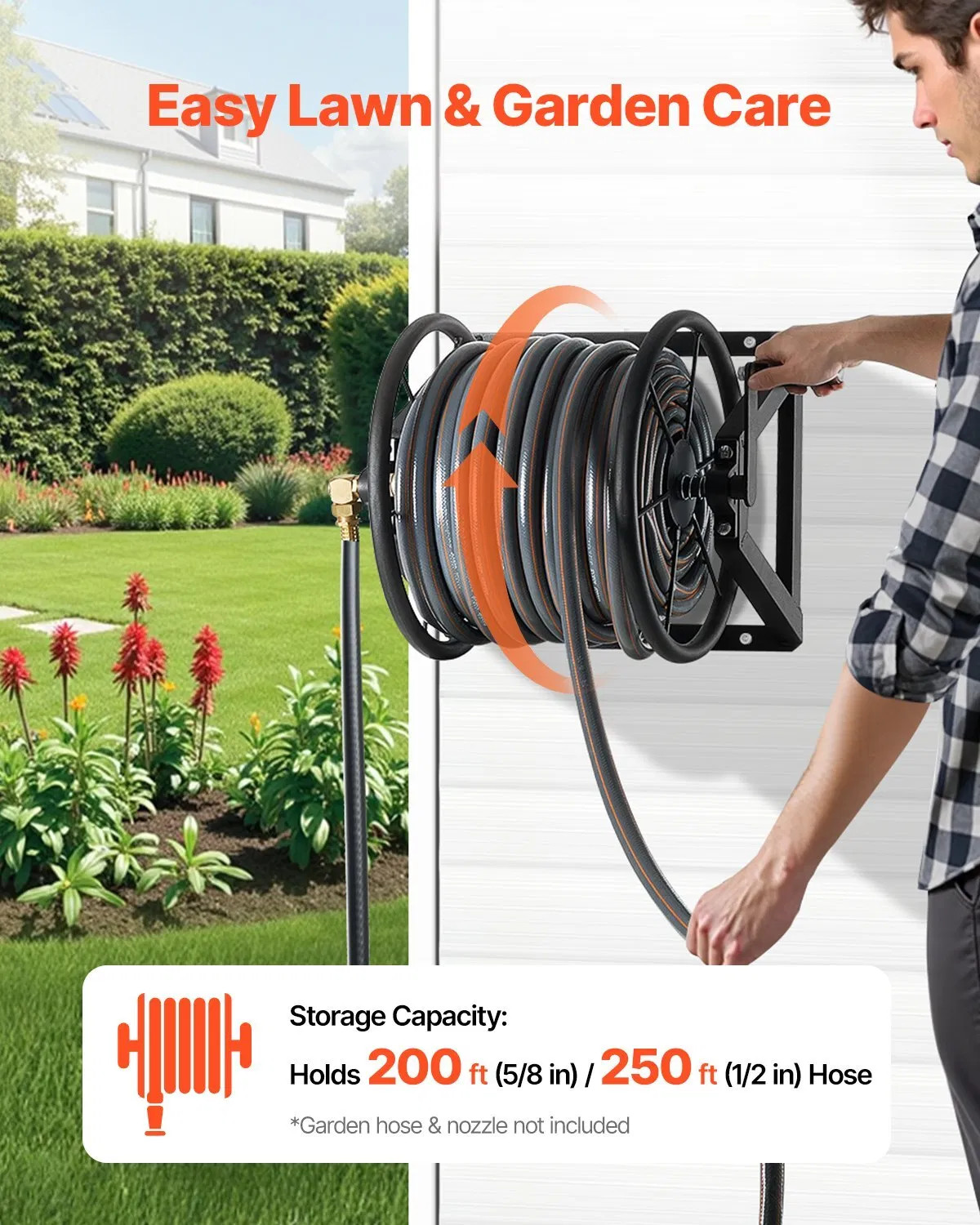Wall Mounted Garden Hose Reel, Holds 200 ft 5/8-inch Manual Water Hose Winder, H