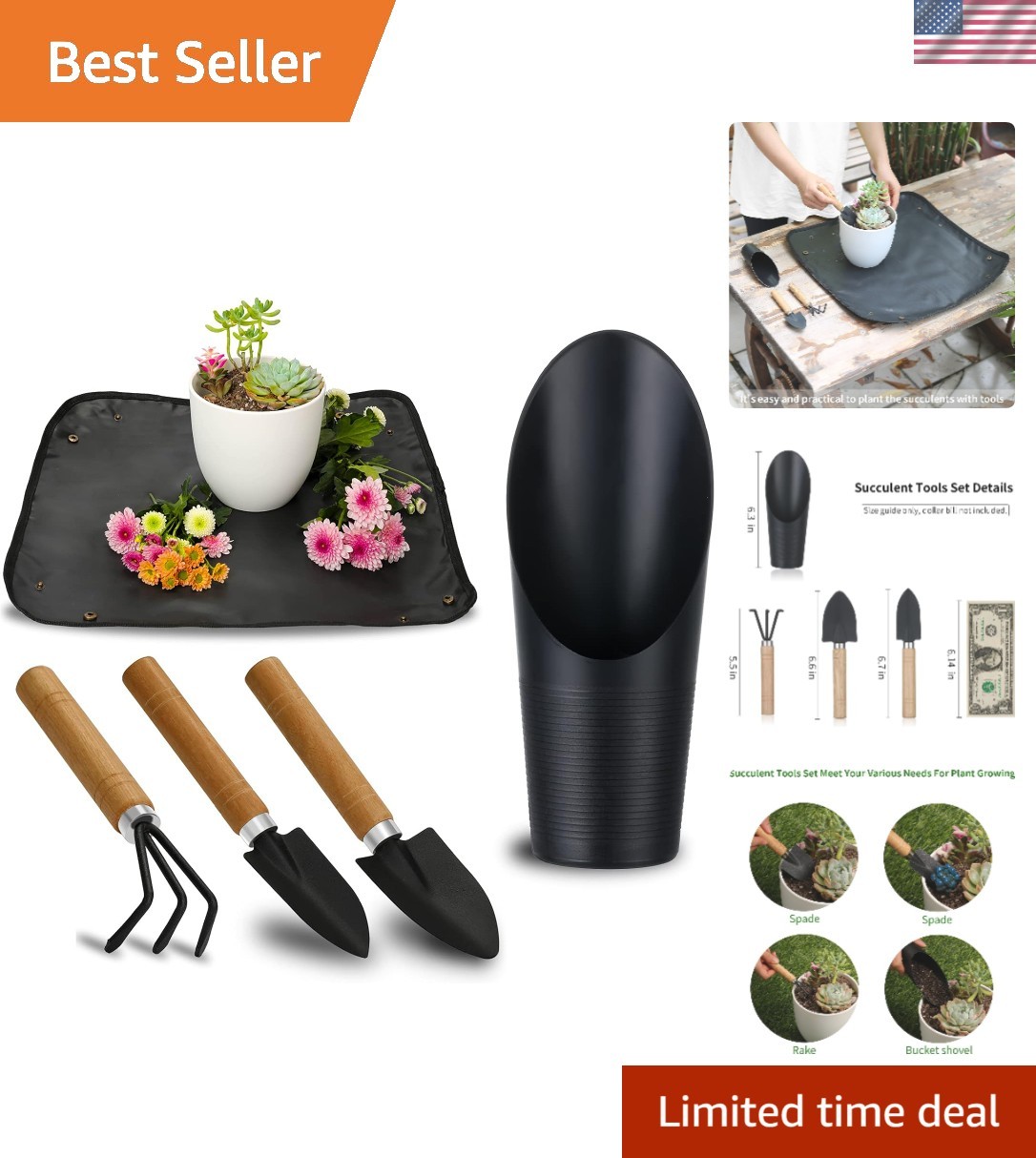 Elegant 5-Piece Succulent Gardening Tools Kit with Waterproof Potting Mat